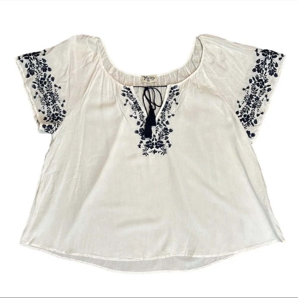 Show Me Your Mumu Sz L Hayden Embroidered Floral Tunic Blouse White Navy EUC